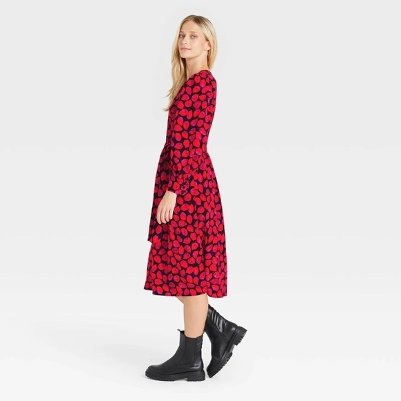 Who What Wear Long Sleeve Bold Button Dress Black Red Floral Leaf sz Large - Picture 3 of 8